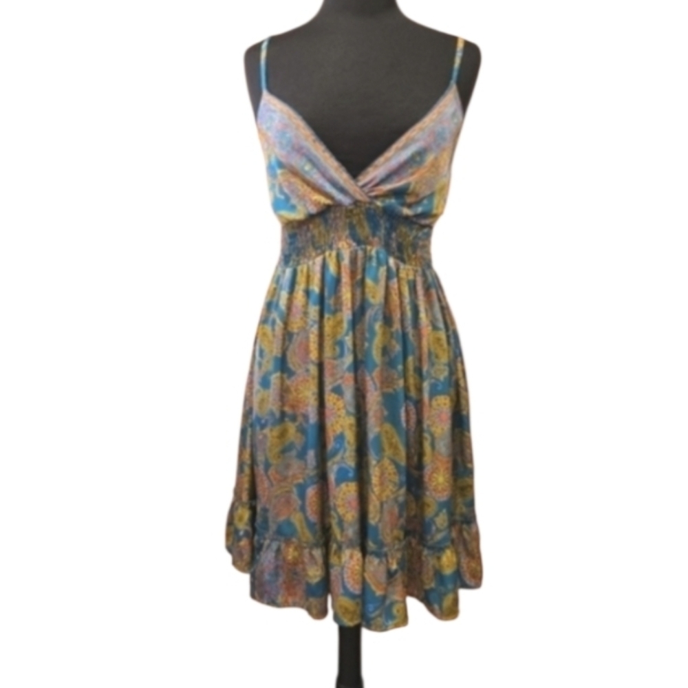 Boho Fashion Small? Satin Colorful Flirty Dress Hippie Sundress Spaghetti Strap